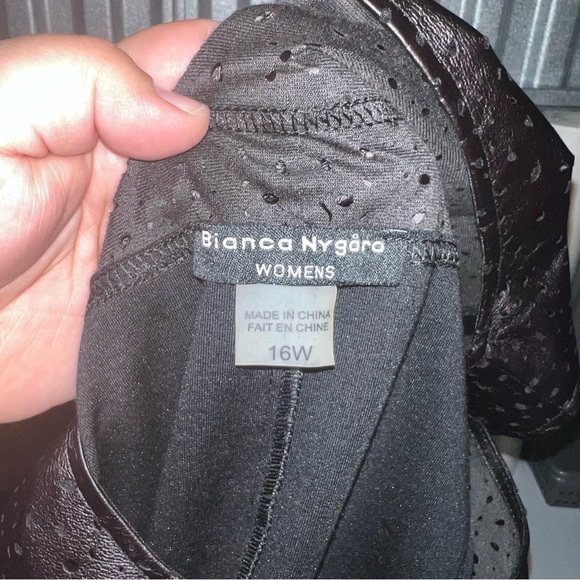 Bianca Nygard midi black dress faux leather trim along neckline & shoulders 16W - Picture 8 of 8